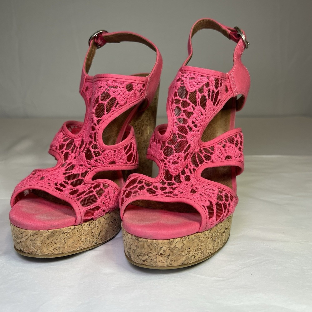 Lucky Brand Womens 8M US Lace Raziah Platform‎ Cork Wedge Sandals Pink Summer